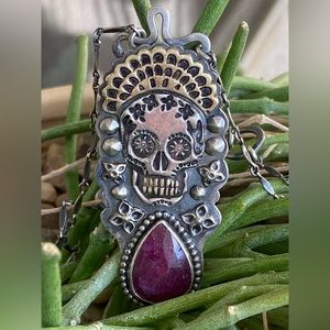 Sugar Skull Sterling & 22K Gold Ruby Necklace